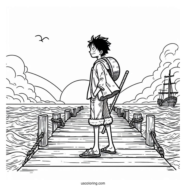 Easy Outline Of Luffy Coloring Page Standing On The Dock