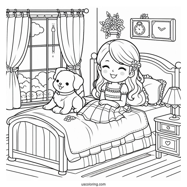 Bedroom Coloring Page Of Dog And Cat Resting On A Bed For Kids