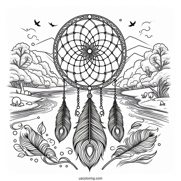 Dreamcatcher With Peacock Coloring Page Feathers Over River Landscape