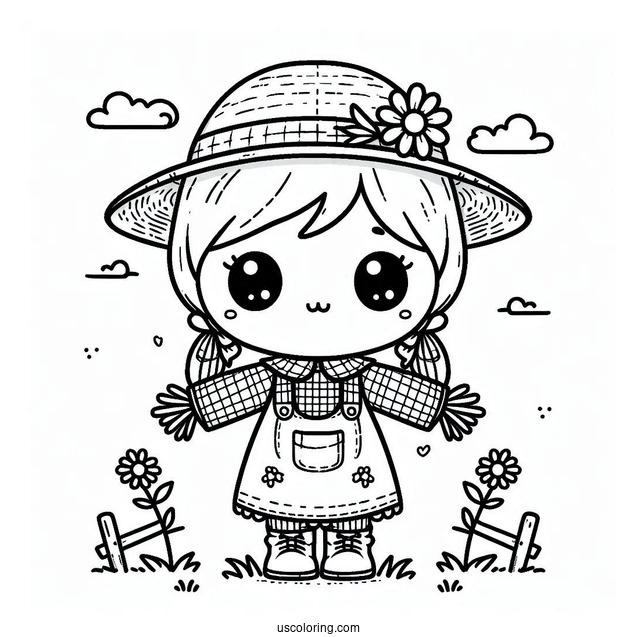 Kawaii Little Scarecrow Coloring Page On A Farm Field For Kids