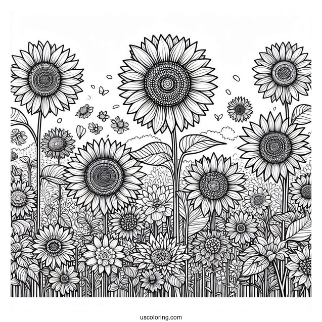Field Of Sunflowers Coloring Page