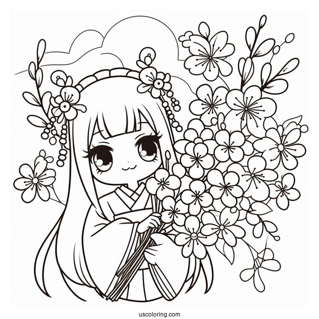 Easy Nezuko Coloring Page With Flowers For Preschoolers