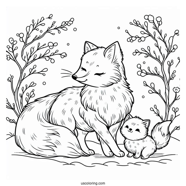 Mother Fox And Baby Fox In Winter Coloring Page For Kids