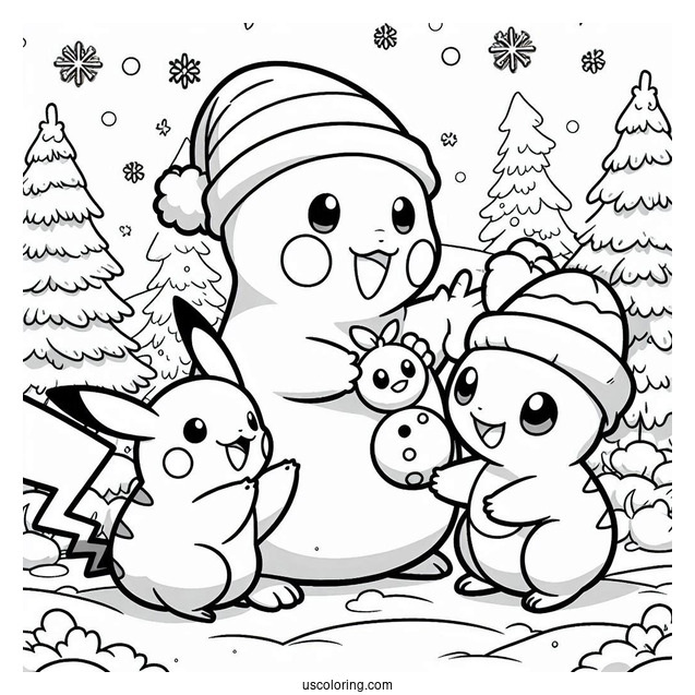 Pokemon Christmas Coloring Page Pikachu, Charmander, And Psyduck Making A Snowman