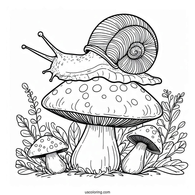 Snail Crawling On Top Of A Mushroom Coloring Page For Preschoolers