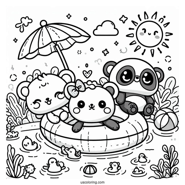 Summer Coloring Page Of Kawaii Bear, Panda, And Frog Floating In The Pool