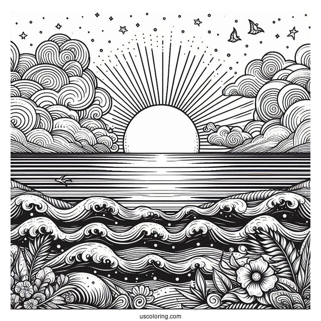 Setting Sun Over Ocean To Color