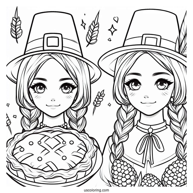 Female Pilgrim Coloring Page With A Pie And Native American With Corns