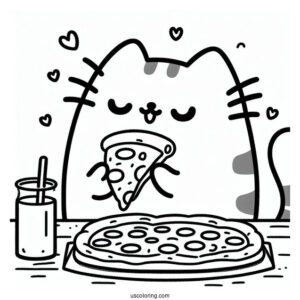 Pusheen Cat Eating Pizza Coloring Page