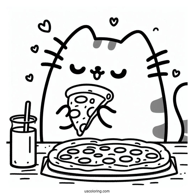 Pusheen Cat Eating Pizza Coloring Page