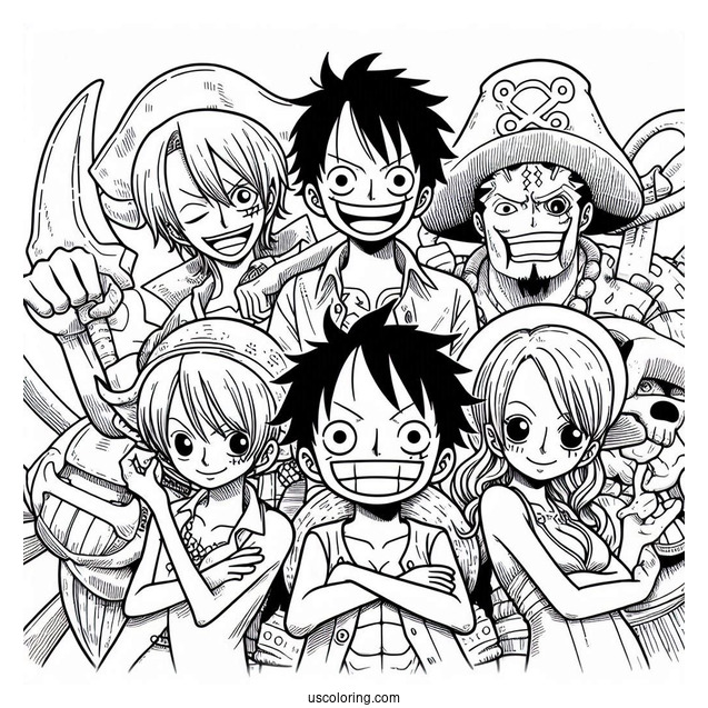 One Piece Coloring Page Of Luffy, Nico, Sanji, Zoro, Nami, Chopper, And Usopp