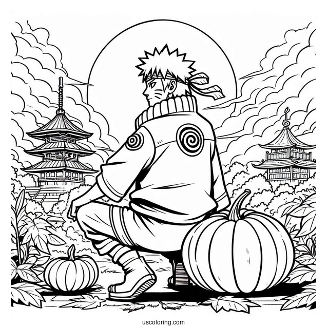 Naruto Coloring Page Of Gaara with Gourd in Front of Sun and Temples