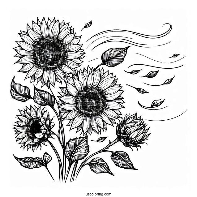 Sunflowers Blowing In The Wind For Coloring
