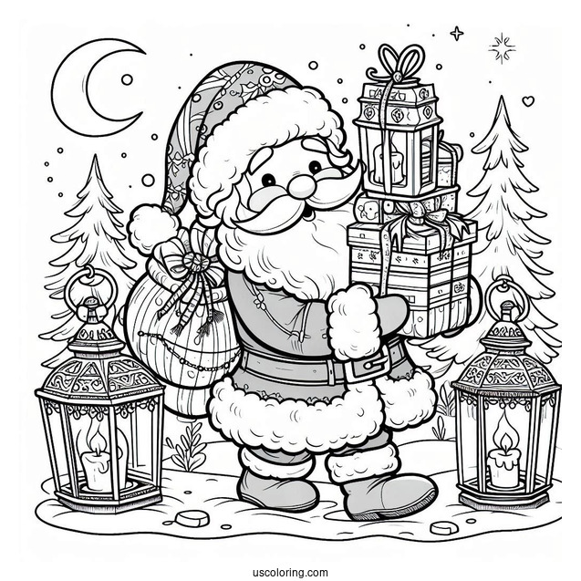 Santa Carrying Christmas Presents And Lanterns In The North Pole Coloring Page