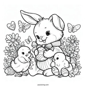 Easter Coloring Page Of Bunny Holding Chicks