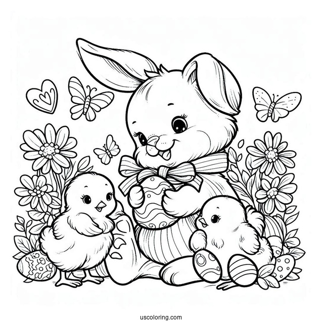 Easter Coloring Page Of Bunny Holding Chicks