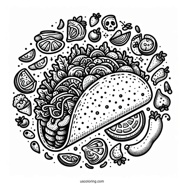 Taco Coloring Page With Lots Of Fillings