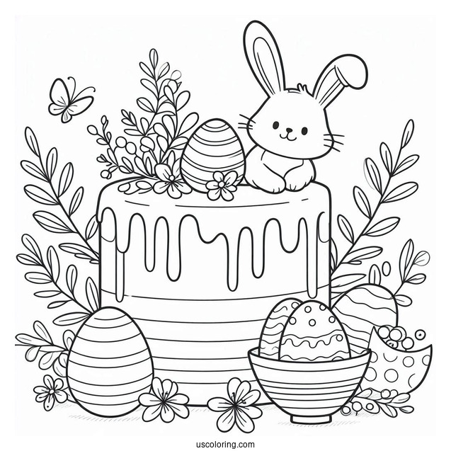 Coloring Page Of Easter Cake With Bunny And Egg Topper