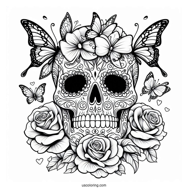 Angled View Of Sugar Skull Coloring Page With Butterflies And Plenty Of Roses