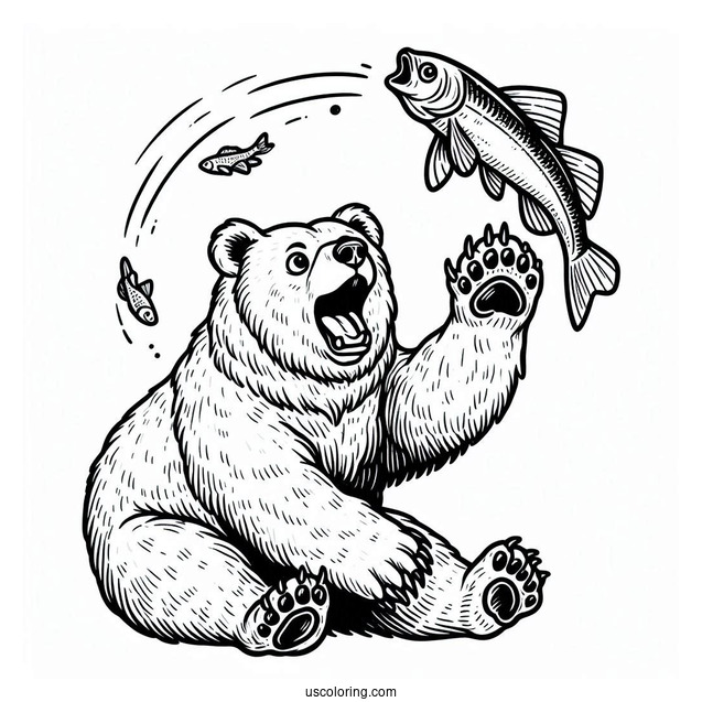 Scary Bear Coloring Page Catching Fish In The Air