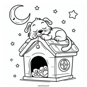 Cat Sleeping On Top Of Pluto Coloring Page In Dog House