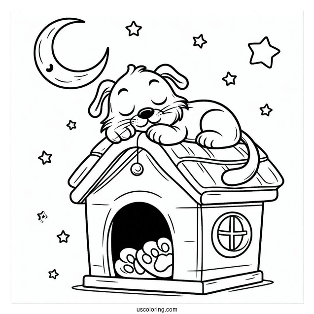 Cat Sleeping On Top Of Pluto Coloring Page In Dog House