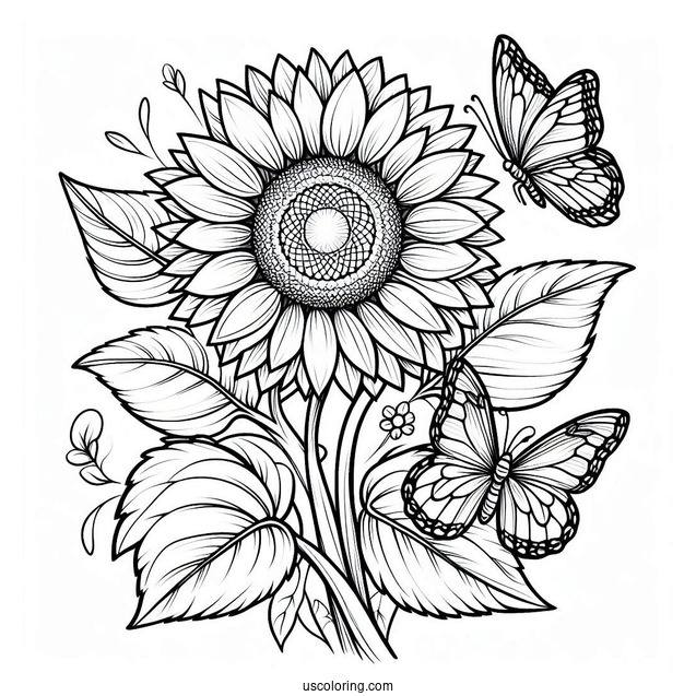 Sunflower With Butterfly Coloring Page