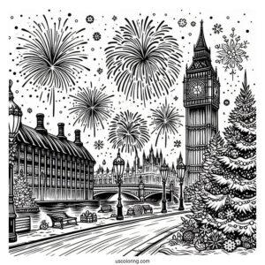 Classy New Year Coloring Page Of Celebration In London With Fireworks Behind The Big Ben