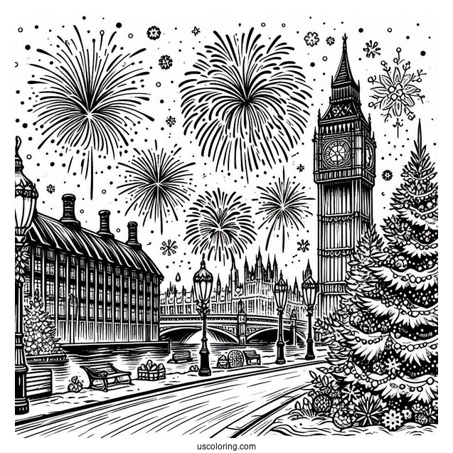 Classy New Year Coloring Page Of Celebration In London With Fireworks Behind The Big Ben