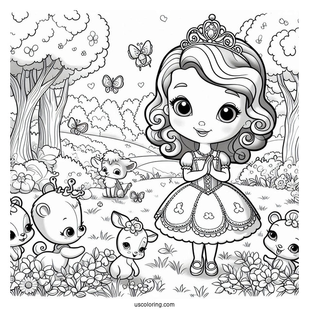 Sofia The First Coloring Page In The Forest With Animal Friends