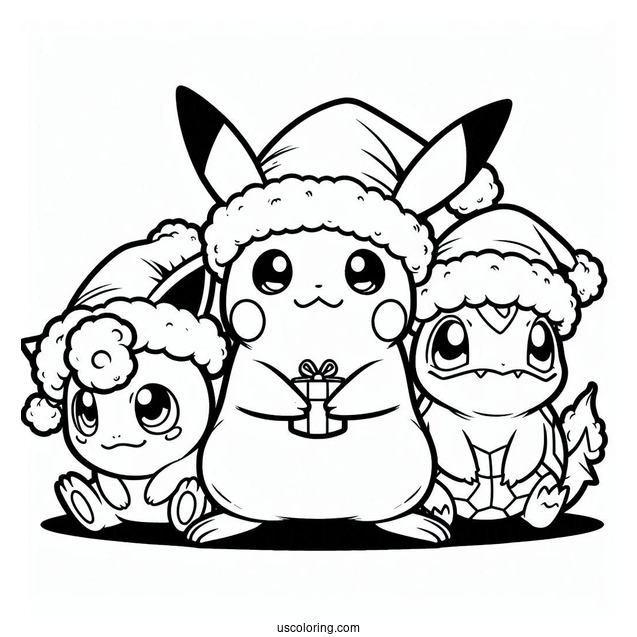 Pokemon Christmas Coloring Page Pikachu, Jigglypuff, Charmander, And Bulbasaur Wearing Santa Hat