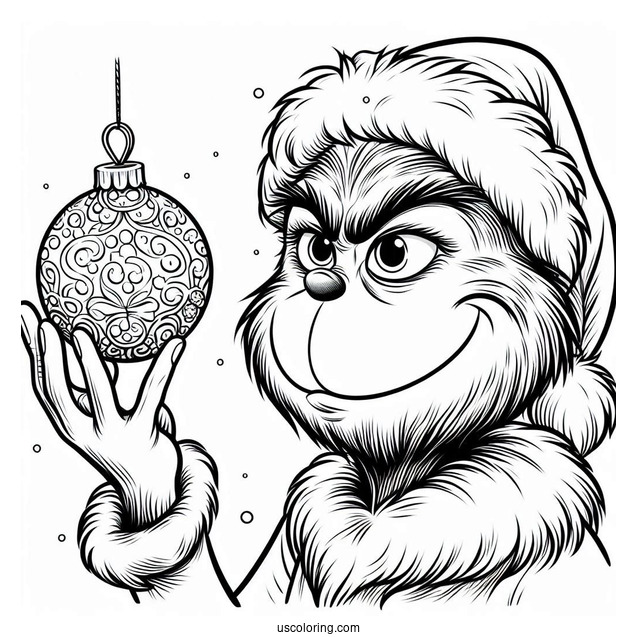 Grinch Holding Bauble Christmas Ornaments Coloring Page For Kids