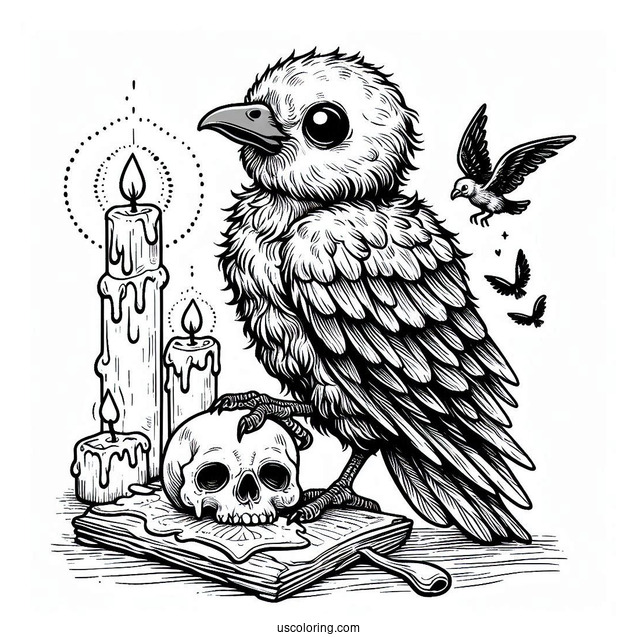 Baby Raven Coloring Page Standing On A Skull With Candles And Magic Spell Book