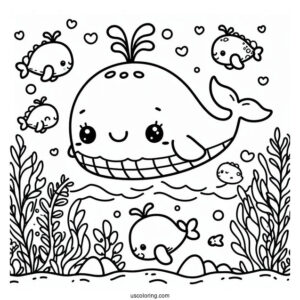Cute Coloring Page Cartoon Whales Swimming In The Ocean