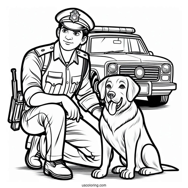 Police Man With Police Dog To Color