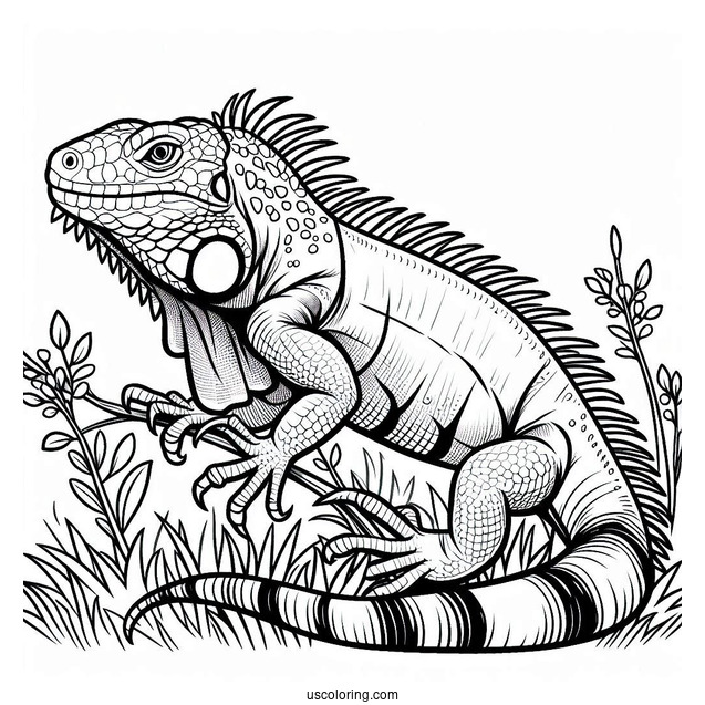 Lizard Coloring Page of Green Iguana On Grass