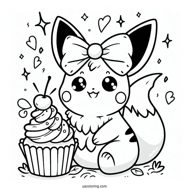 Raichu Coloring Page With Bow And Cupcake For Preschoolers
