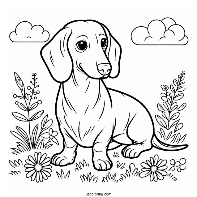 Simple Dachshund Coloring Page Sitting On Grass