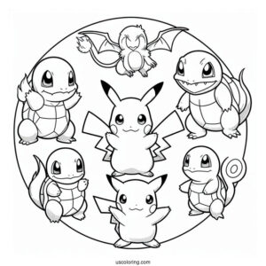 Pikachu, Charmander, Bulbasaur, Squirtle, And Mew Coloring Page In A Circle