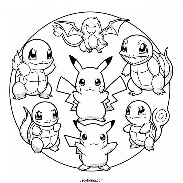 Pikachu, Charmander, Bulbasaur, Squirtle, And Mew Coloring Page In A Circle