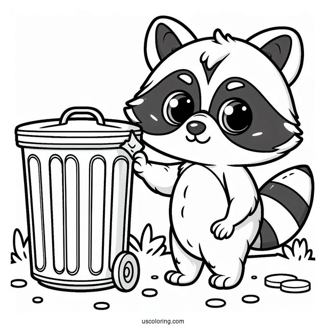 Raccoon Coloring Page Pushing A Garbage Bin