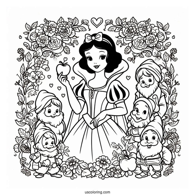 Snow White, The Prince, And Seven Dwarfs To Color