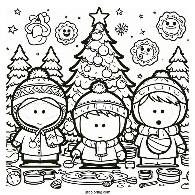 Detailed South Park Coloring Page Of Kyle, Kenny, Stan, And Eric Decorating Christmas Tree With Forest Animals