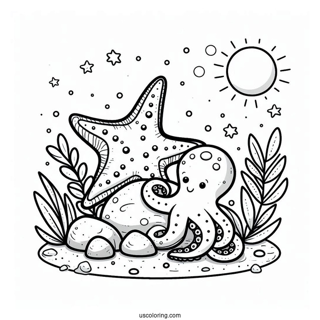 Cute Starfish Coloring Page On Rock Beside Octopus For Preschoolers