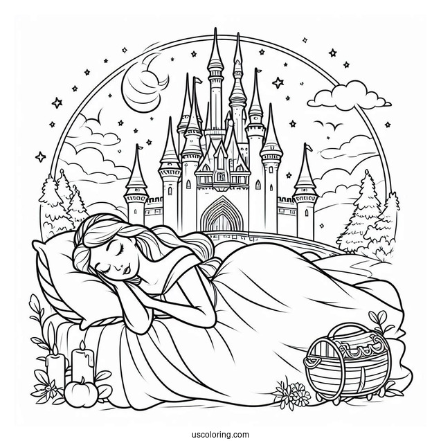 Coloring Page Of Sleeping Beauty With Castle In Background