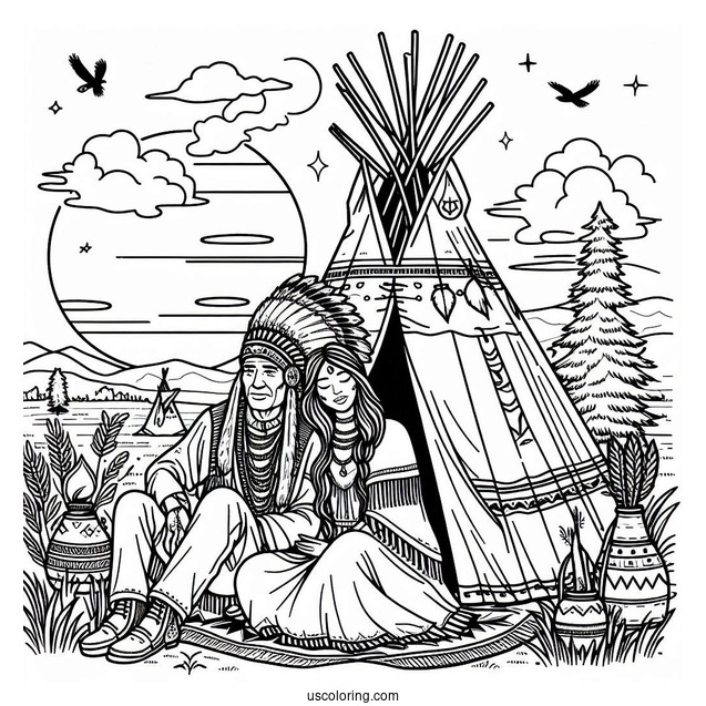 Native American Coloring Page Chief And His Wife Sitting Outside Tepee