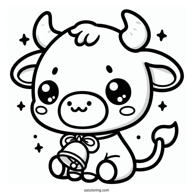 Kawaii Bull With Bell Coloring In For Preschoolers