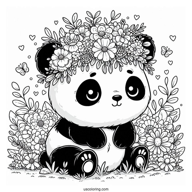 Cute Panda Coloring Page Sitting with Giant Floral Crown in a Meadow