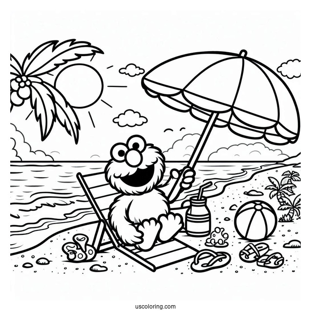 Summer Themed Elmo At The Beach To Color