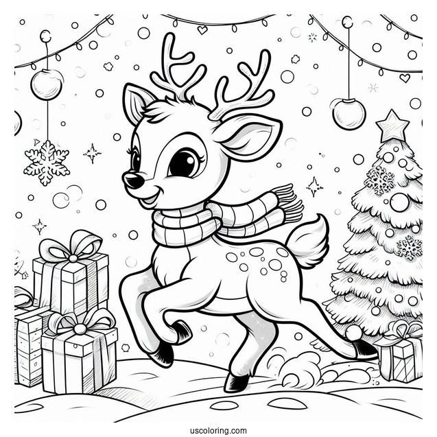 Happy Rudolph Coloring Page Trotting In The Snow With Presents In The Background